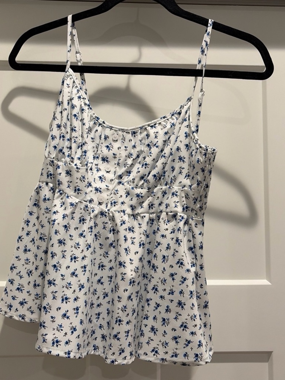 White Floral Spaghetti-Strap Cami Top with Blue Print